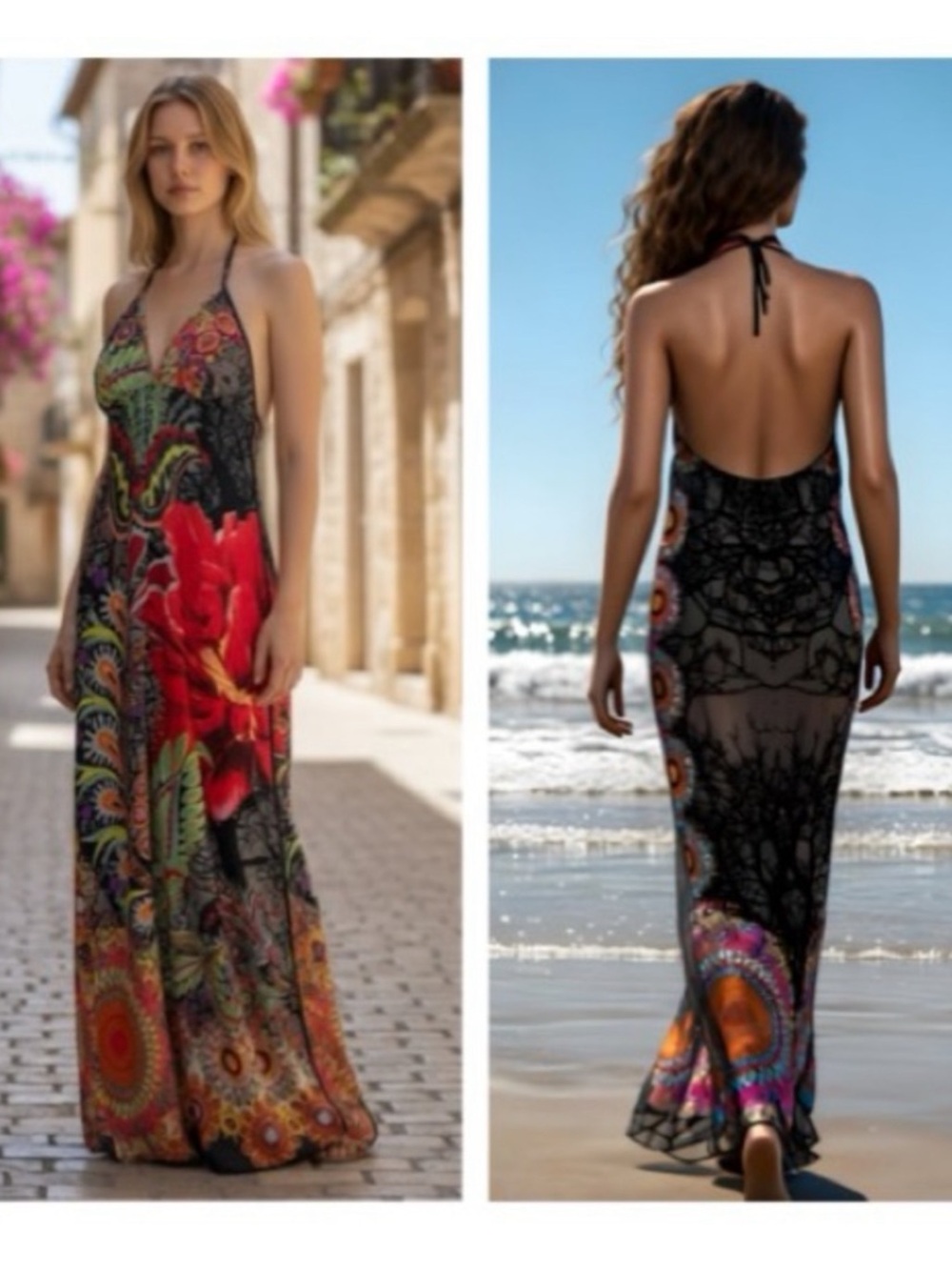 Desigual Halter-Neck Floral Print Maxi Dress in Multicolor